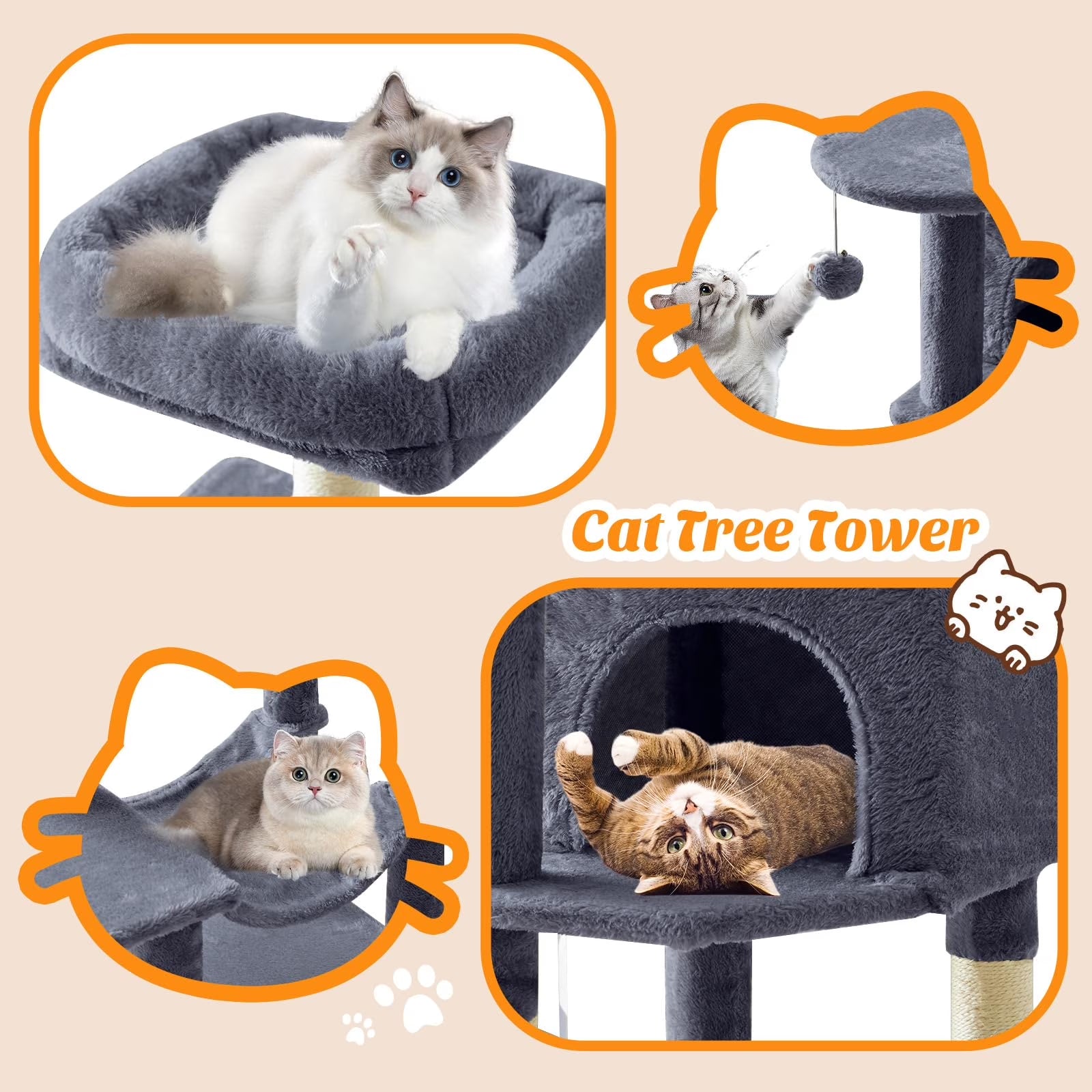 44 Inch Cat Tree, Multi-Level Indoor Cat Tower with Condo, Hammock, Sisal Scratching Posts, Anti-Tip Bolts for Indoor Cats, Gray