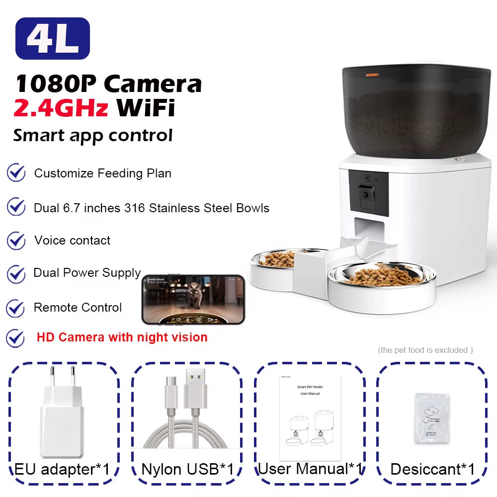 Automatic Cat Feeder with 1080P Camera Video Cat Food Dispenser Pet Smart Voice Recorder Remote Control Auto Feeder for Cat Dog