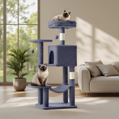44 Inch Cat Tree, Multi-Level Indoor Cat Tower with Condo, Hammock, Sisal Scratching Posts, Anti-Tip Bolts for Indoor Cats, Gray