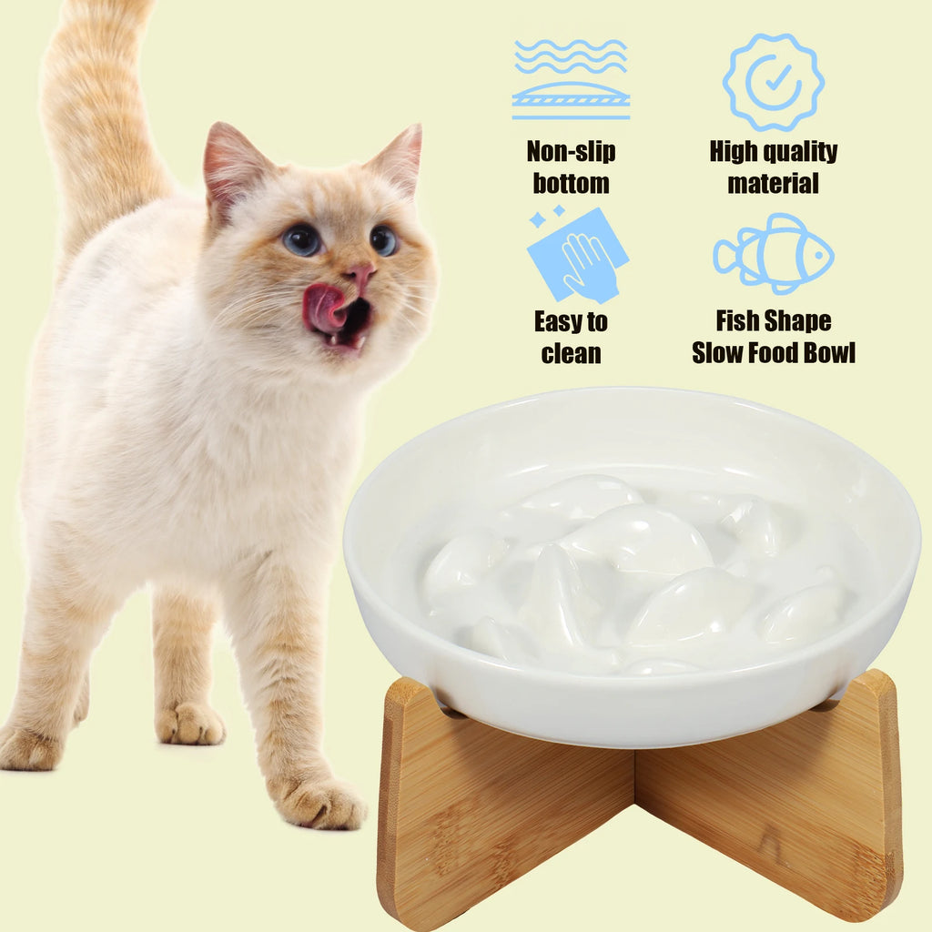 Raised Cat Bowl Elevated Cat Bowls with Wood Stand Ceramic Slow Feeder Bowl Cat Feeding Bowl anti Vomiting Cat Food Bowl Non-Sli