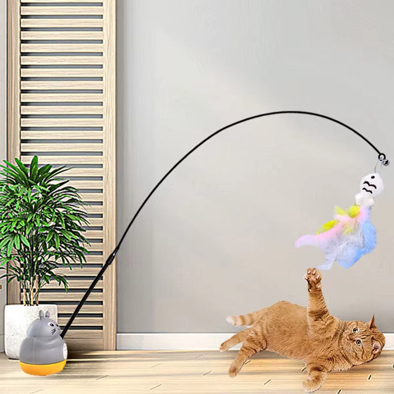 New Cat Funny Cat Stick Steel Wire Long Pole Feather Cute Cat Toy Kitten Fishing Rotating Self-Pleasure Relief Pet Toy